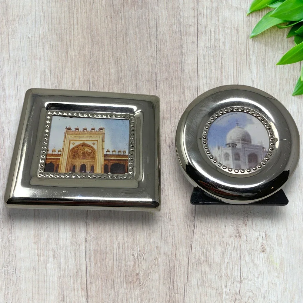 Vintage Mini Silver Tone Metal Picture Frames Taj Mahal India Round Square Lot 2